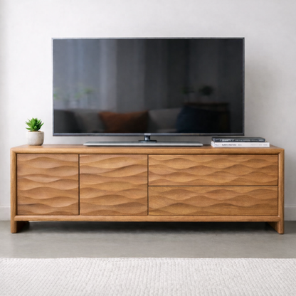 Modern Soild Wood TV Stand with Textured Wave Cabinet Doors and Storage Drawers Kitchnce