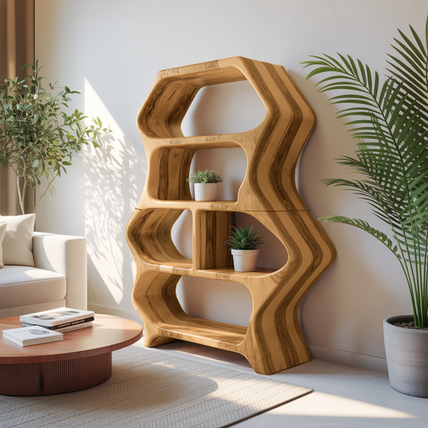 Sculptural Bookshelf With Organic Carved Display For Living Room And Office Kitchnce