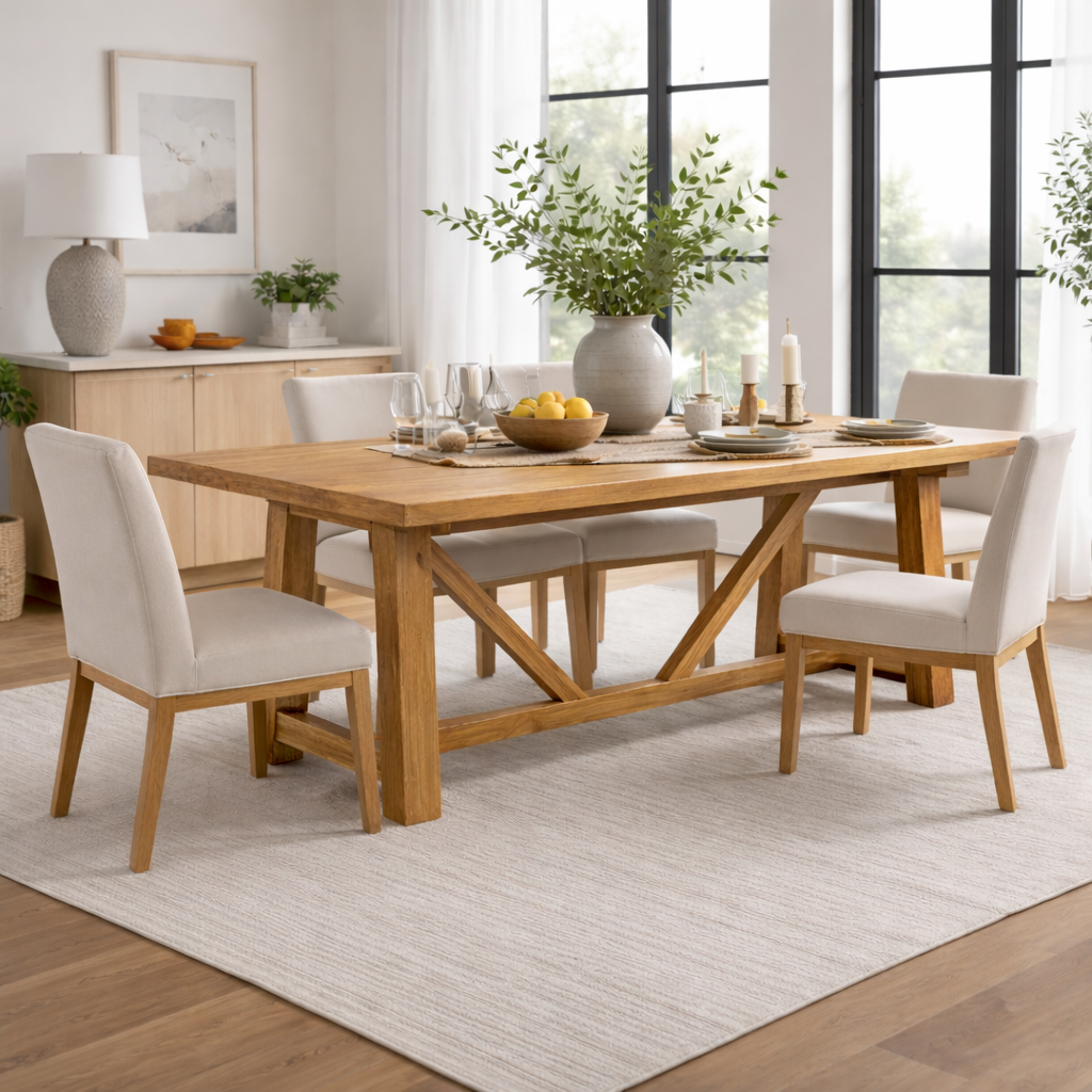 Solid Wood Dining Table with X Base Modern Farmhouse Style