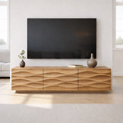 Modern Solid Wood TV Stand with Wave Front Design, Walnut Finish Media Console Cabinet Kitchnce