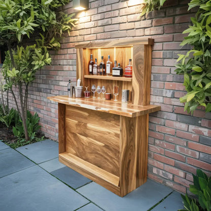 Live Edge Wall Mounted Outdoor Bar With Shelf And Lights For Patio Or Garden Kitchnce