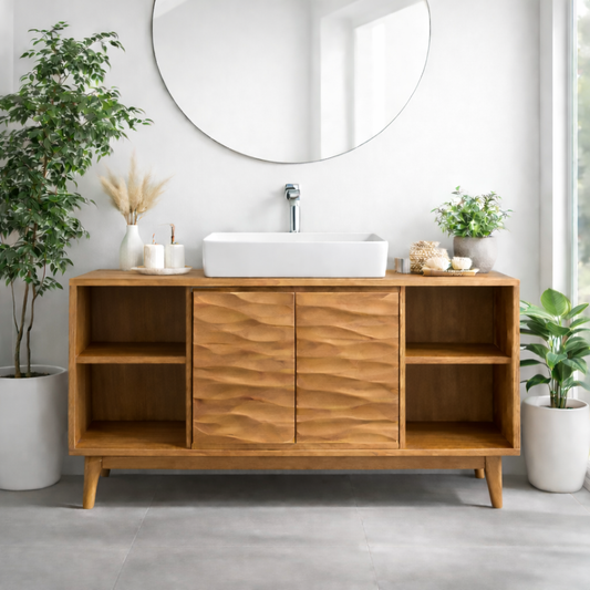 Mid-Century Solid Wood Bathroom Vanity with Textured Cabinet Doors and Open Shelving