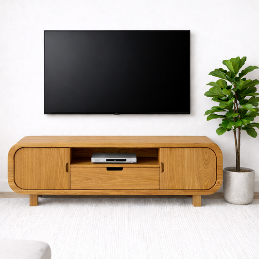 Modern Solid Oak TV Stand with Cabinet Doors and Drawer, Wooden Media Console for Living Room Kitchnce