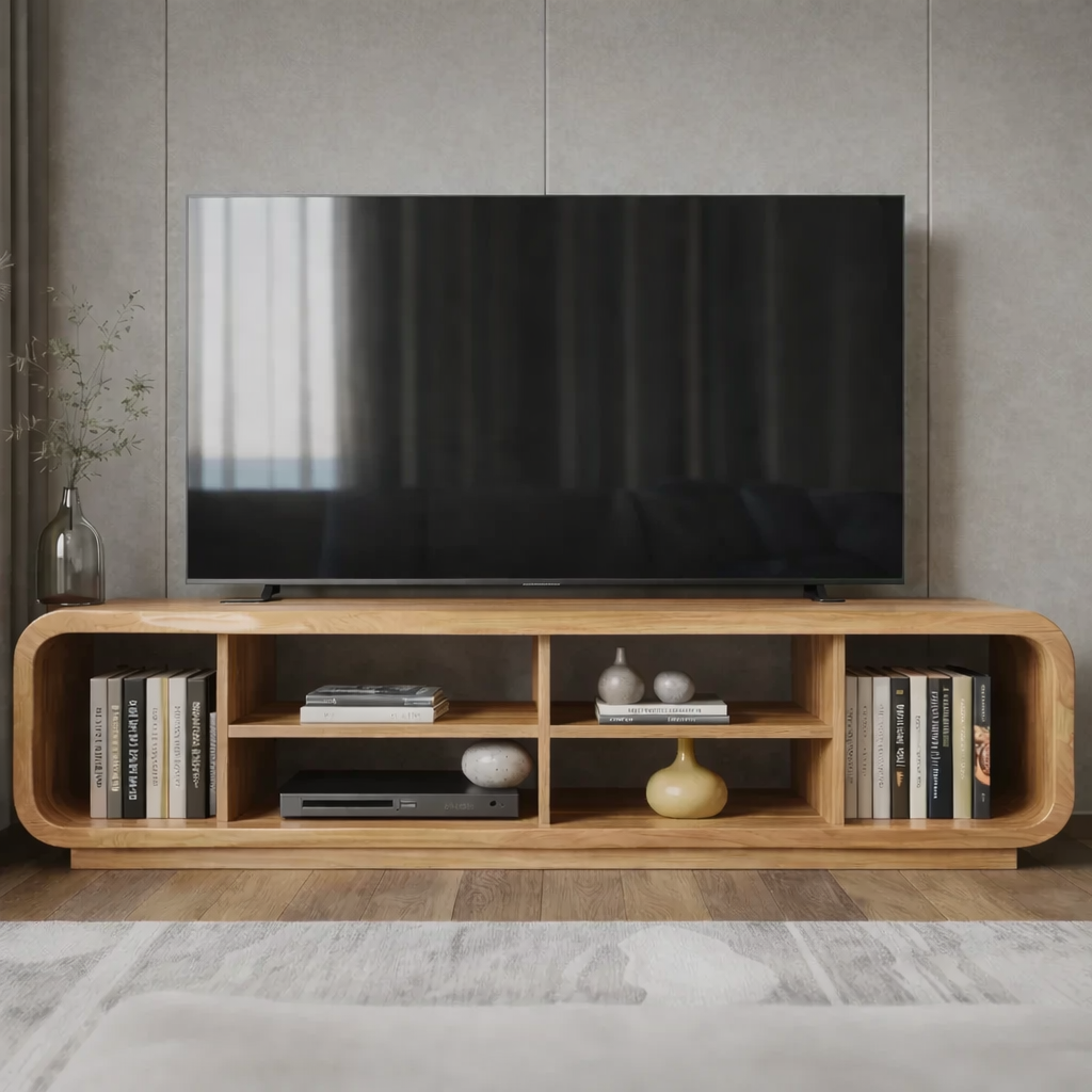 Modern Solid Wood TV Stand with Open Shelf Storage, Walnut Media Console for Living Room Kitchnce