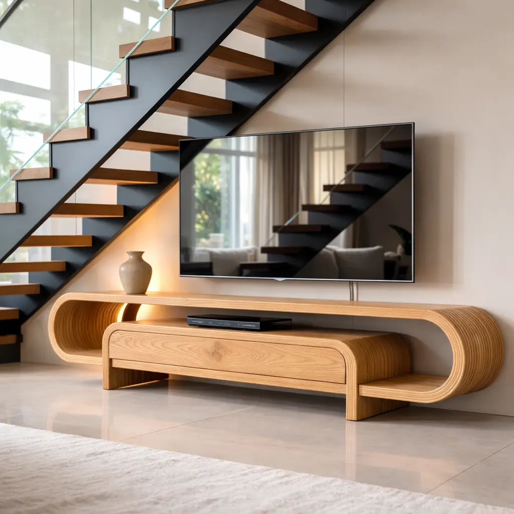 Curved Solid Wood TV Stand with Drawer and Shelf, Modern Walnut Media Console Table Kitchnce