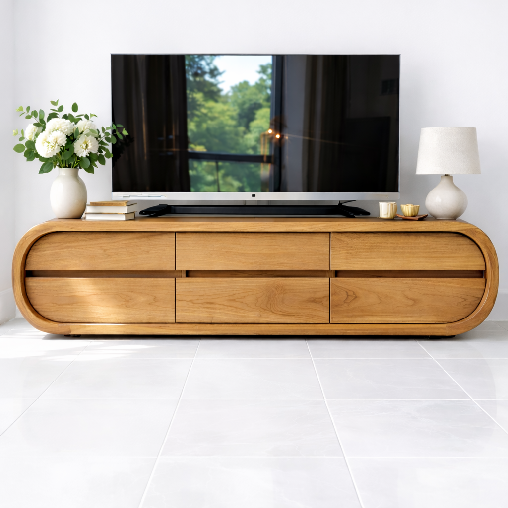 Solid Wood TV Stand with Drawers, Curved Modern Media Console Cabinet for Living Room Kitchnce