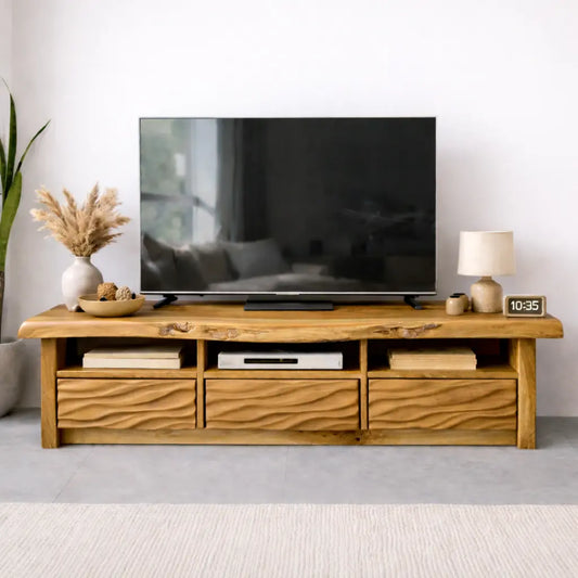 Natural Solid Oak TV Stand with Wavy Drawer Fronts, Rustic Media Console for Living Room Kitchnce