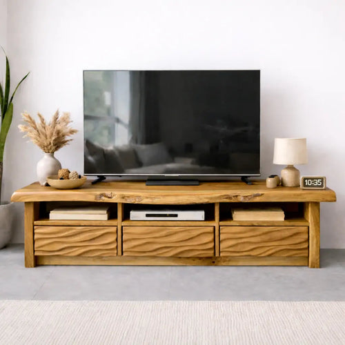 Natural Solid Oak TV Stand with Wavy Drawer Fronts, Rustic Media Console for Living Room Kitchnce