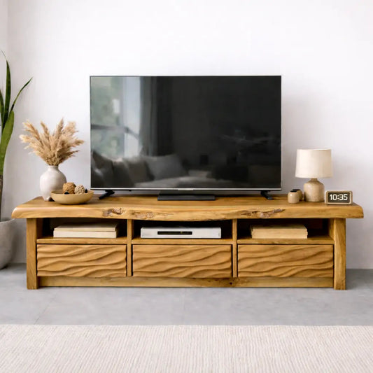 Natural Solid Oak TV Stand with Wavy Drawer Fronts, Rustic Media Console for Living Room Kitchnce