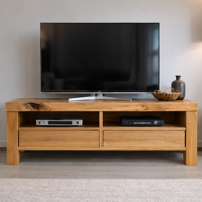 Rustic Solid Wood TV Stand with Natural Live Edge, Storage Drawers and Open Shelves Kitchnce