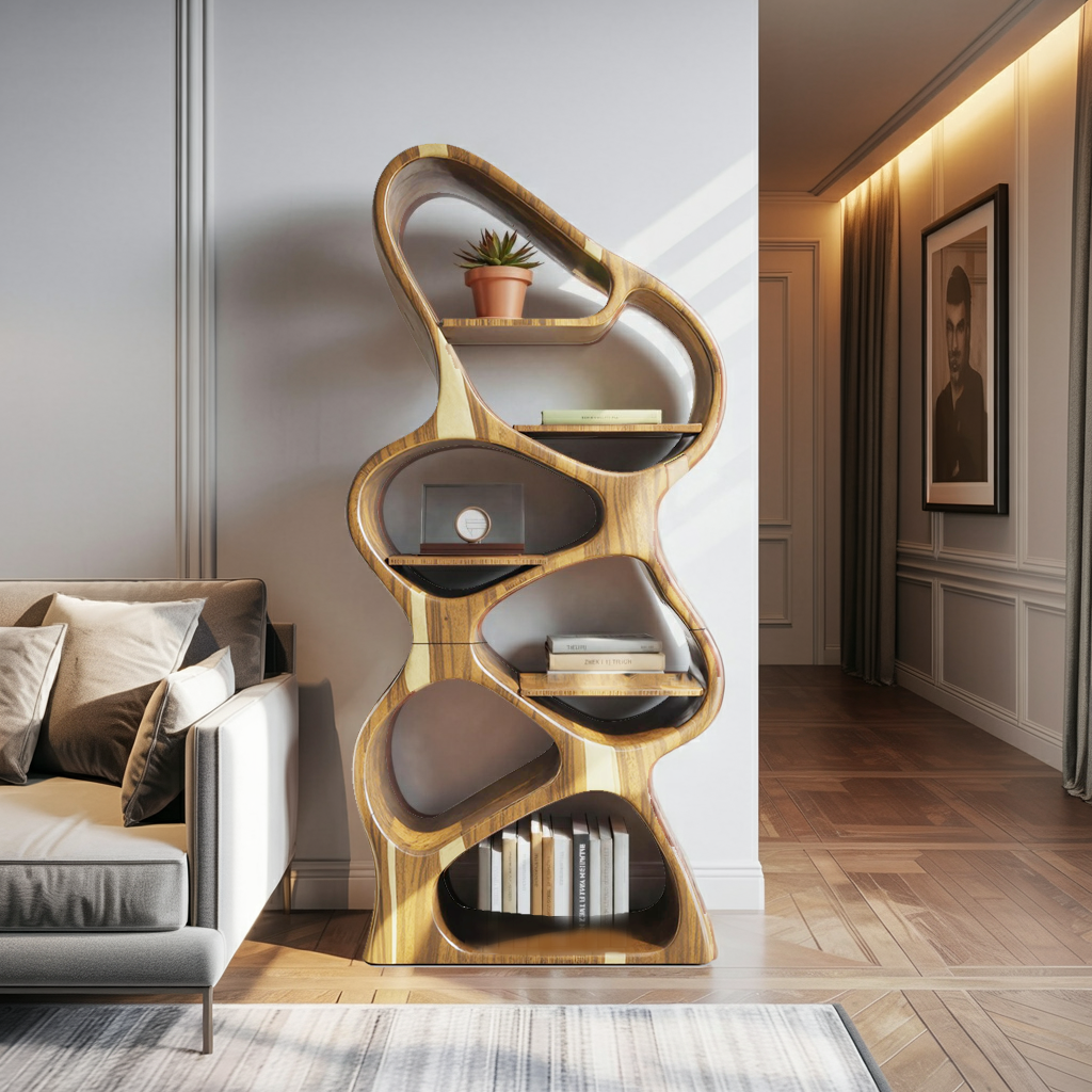 Modern Sculptural Bookshelf With Flowing Shelves For Home Library And Living Room Kitchnce