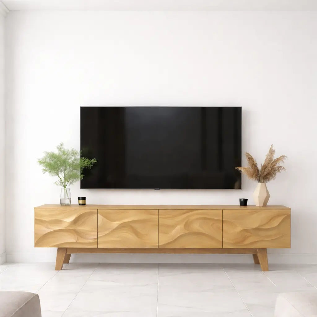 Wave Pattern Solid Wood TV Stand with Storage, Modern Media Console for Living Room Kitchnce