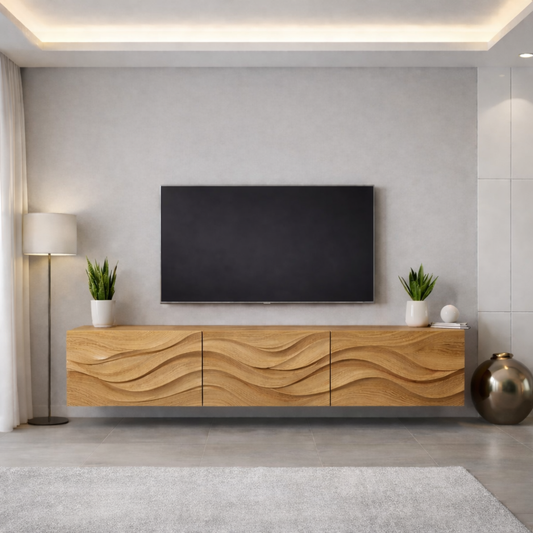 Wave Carved Solid Oak TV Stand with Modern Design, Stylish Media Console for Living Room Kitchnce