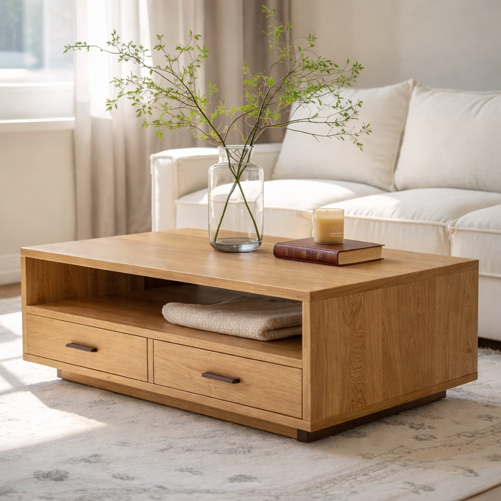 Solid Wood Coffee Table with Storage Drawers, Modern Design for Living Room