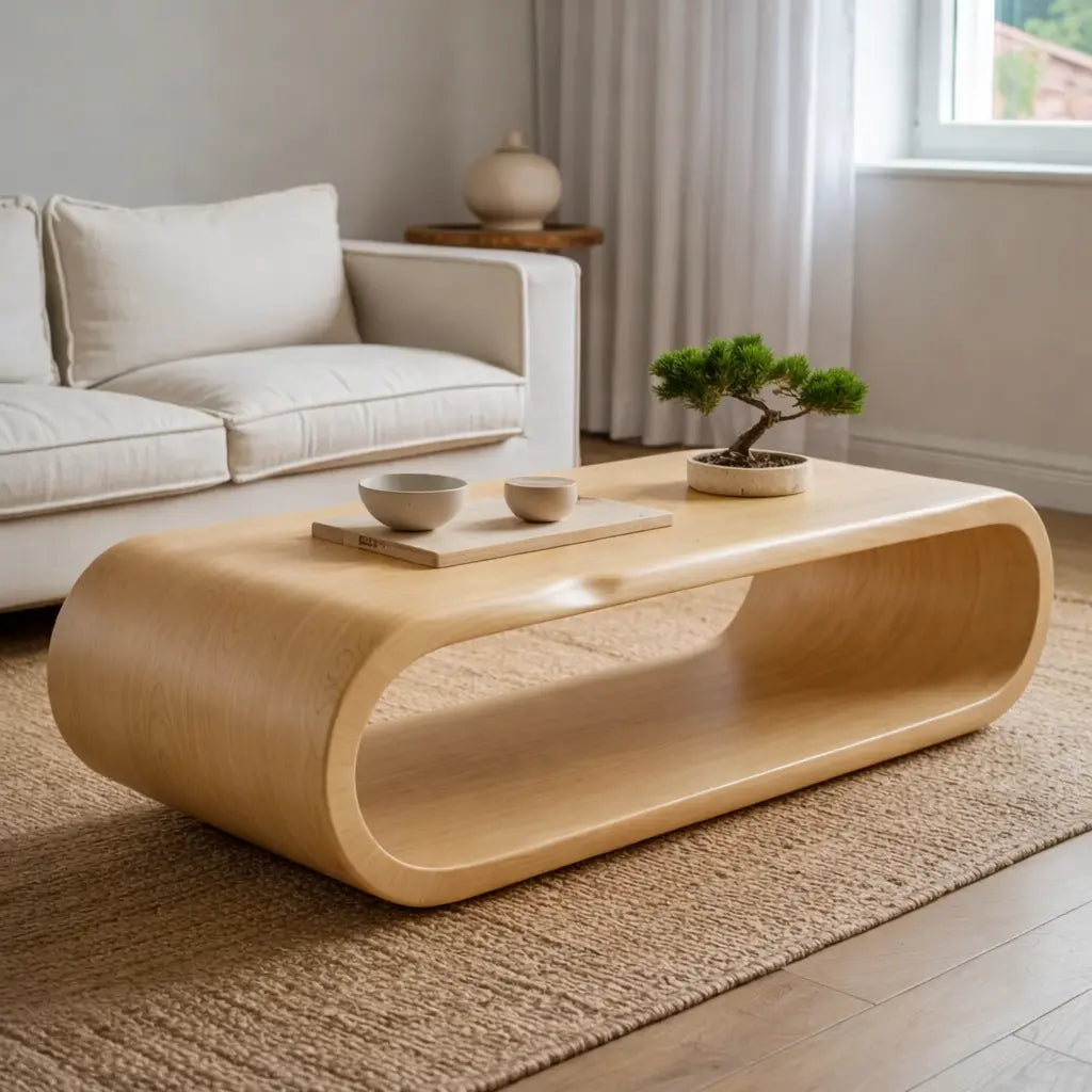 Sculptural Walnut Coffee Table with Curved Design and Open Shelf, Modern Living Room Decor Kitchnce
