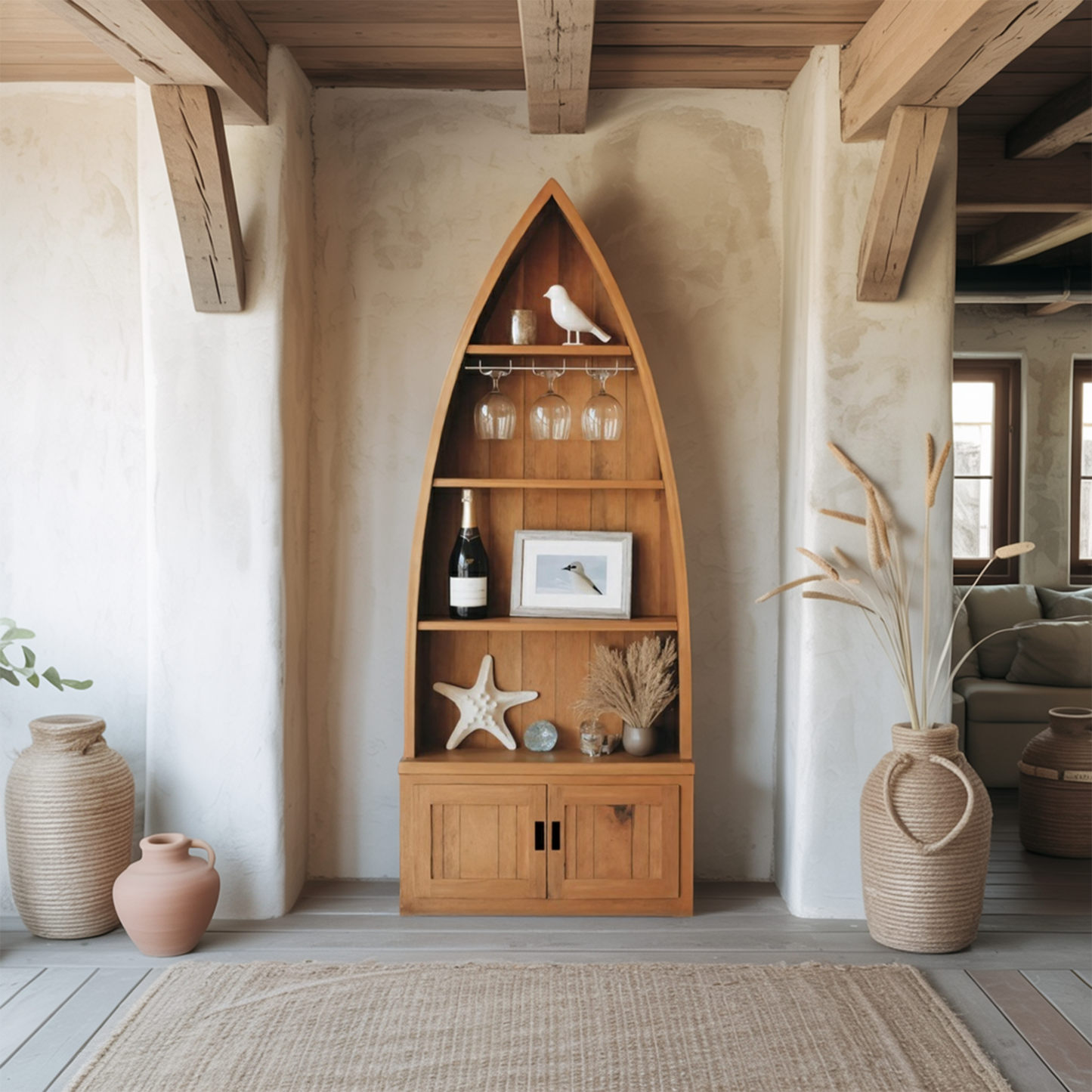 Boat Shaped Display Cabinet With Storage Drawers For Living Room And Entryway Kitchnce