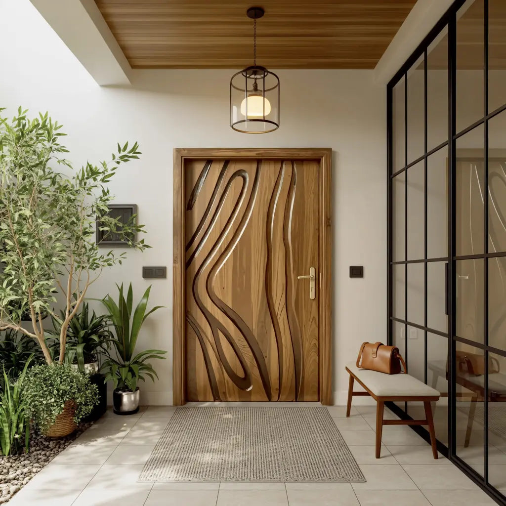 Modern Carved Wooden Door For Interior Entryway Kitchnce