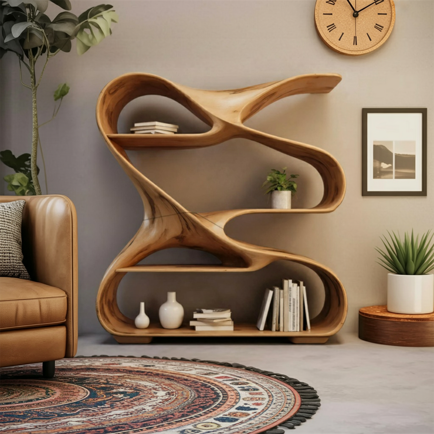 Modern Sculptural Wooden Bookshelf For Living Room Or Office Display Kitchnce