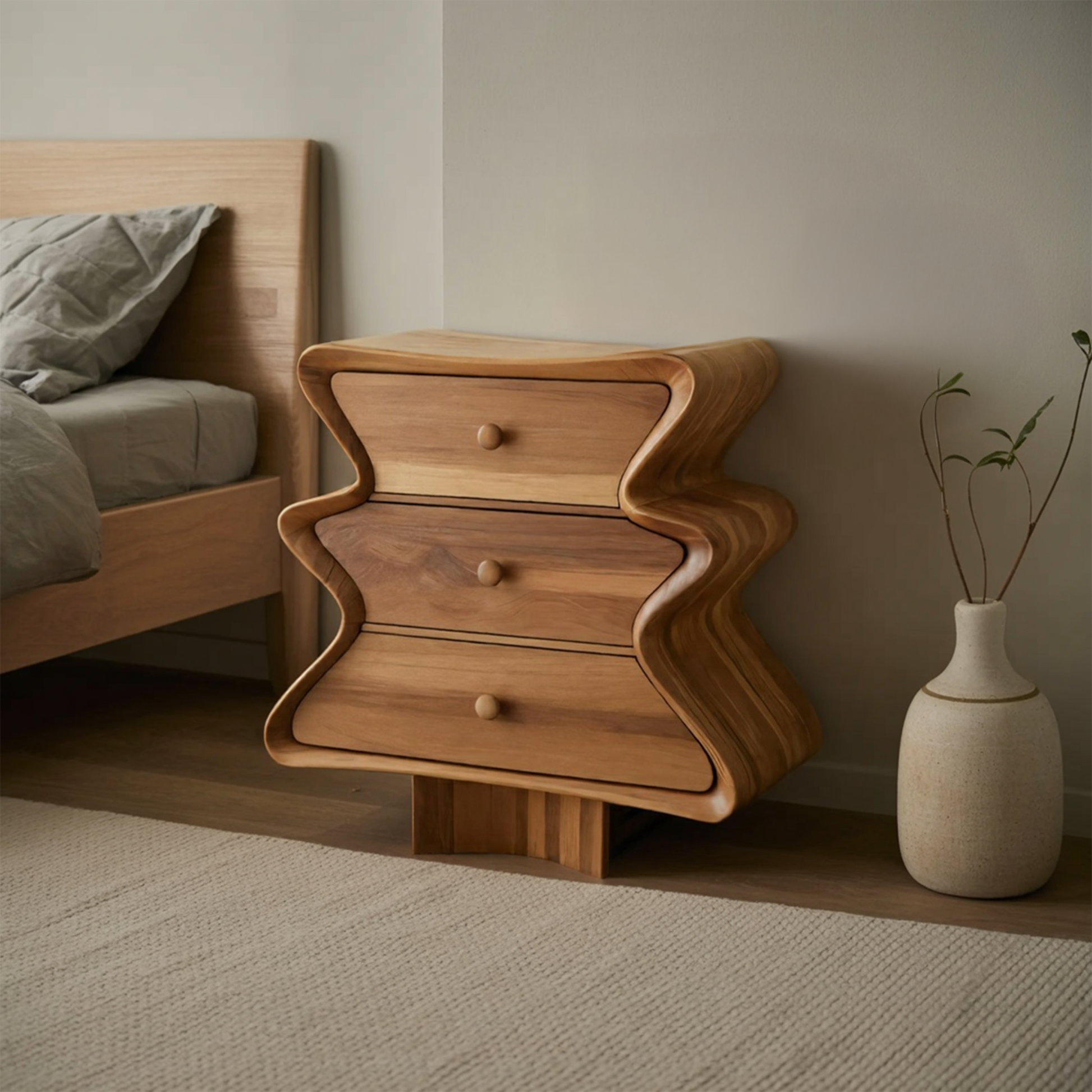 Wavy Sculptural Wood Cabinet 3 Drawer Chest For Bedroom Or Living Room Kitchnce