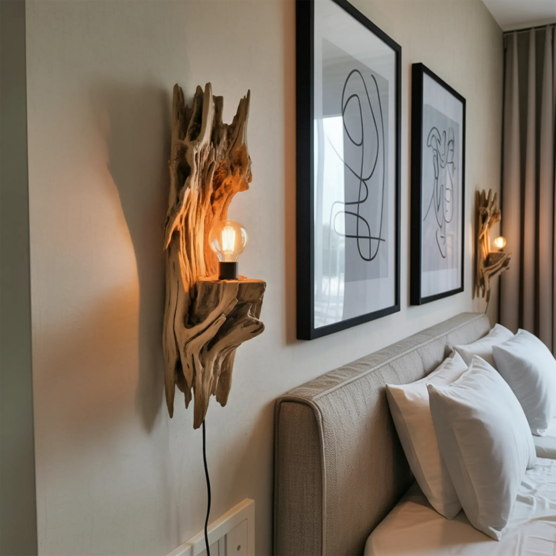 Rustic Driftwood Wall Lamp With Sculpted Form For Bedroom Or Living Room Kitchnce