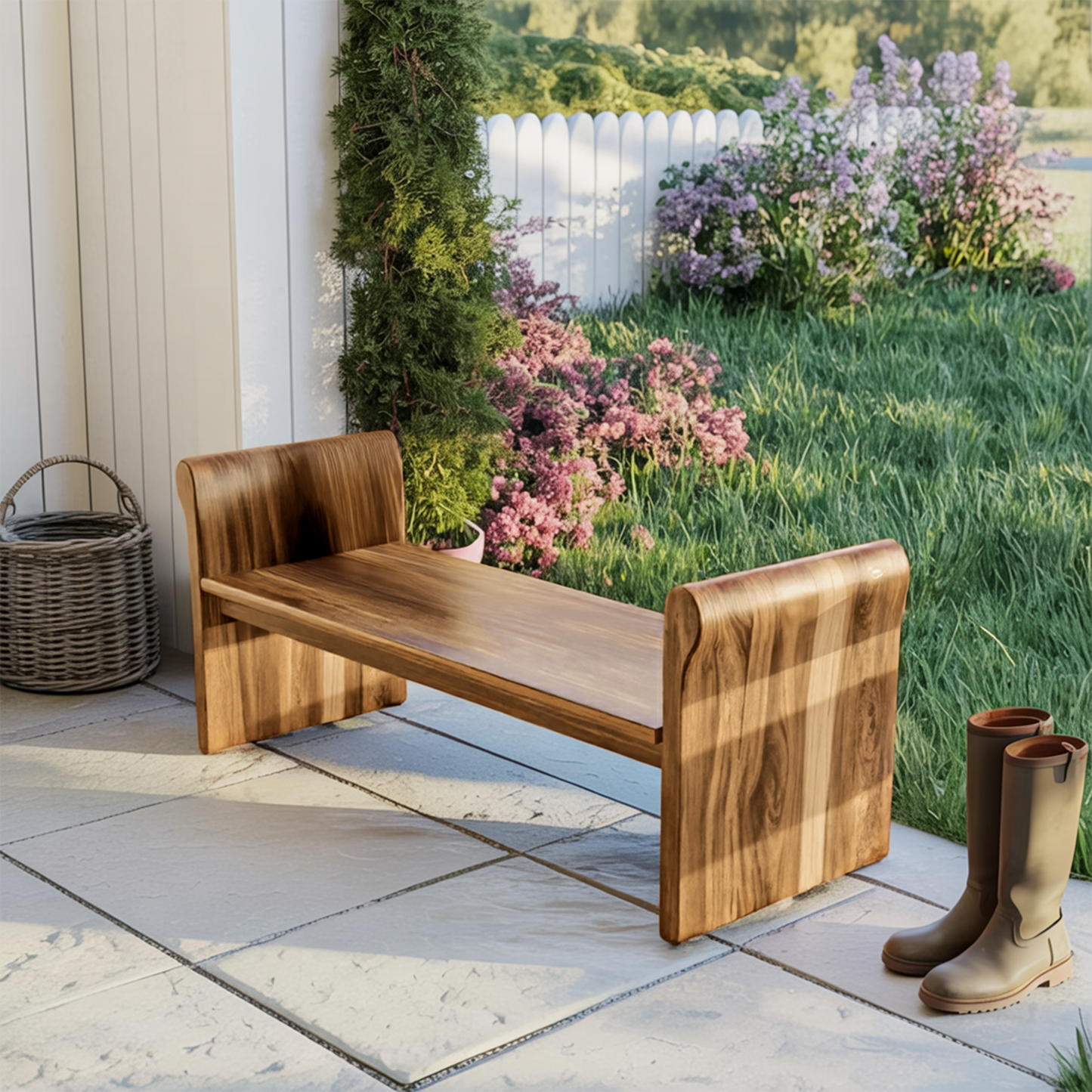 Contemporary Wood Bench With Rounded Armrests For Porch Or Garden Kitchnce