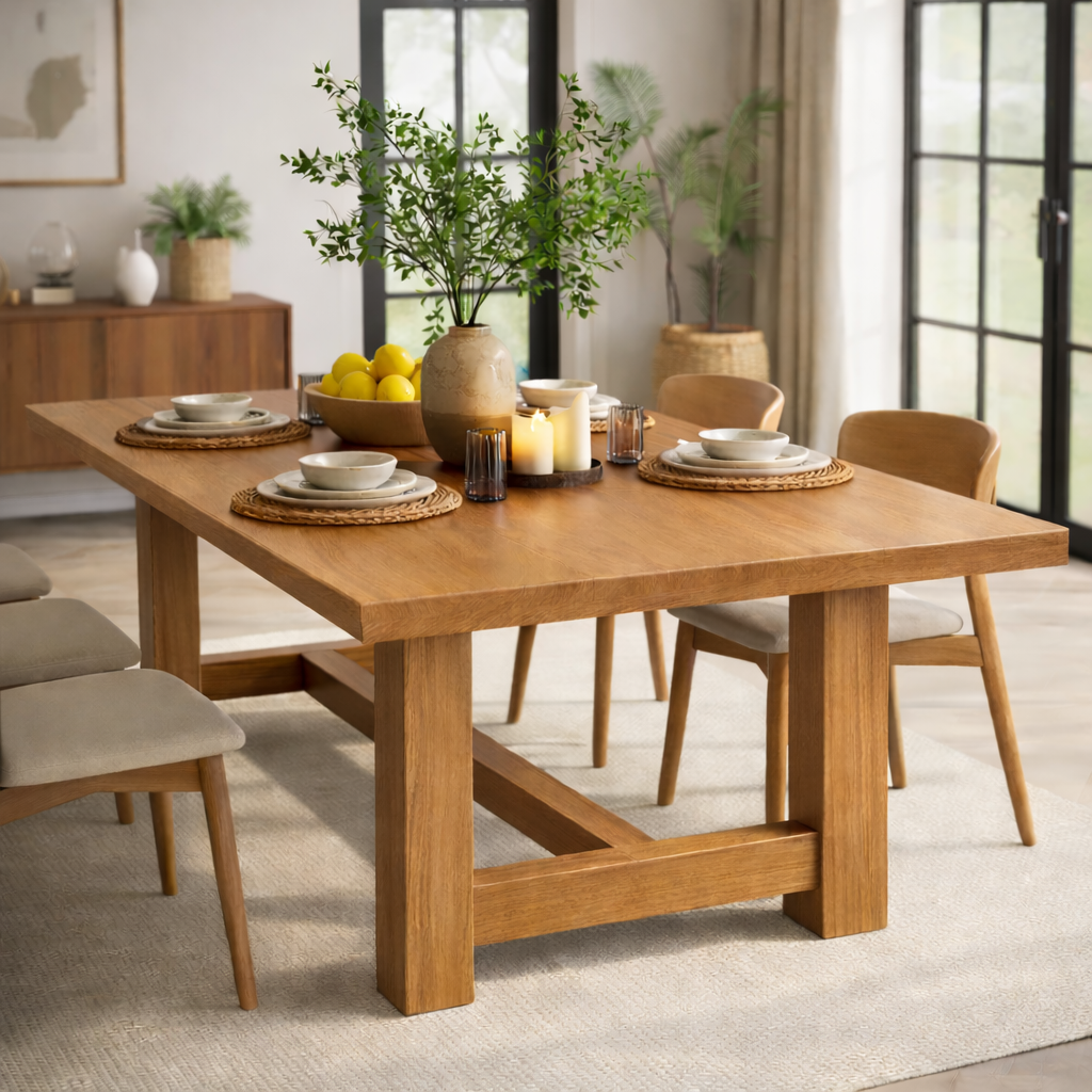 Solid Wood Rectangular Dining Table Modern Trestle Base