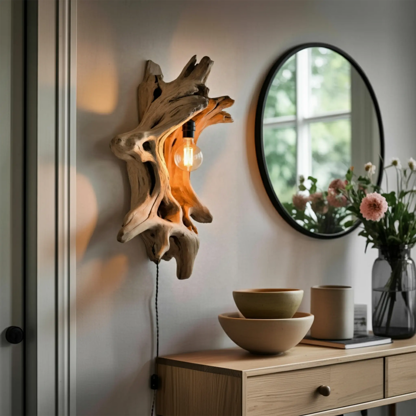 Driftwood Wall Lamp With Carved Form For Rustic Modern Living Room Kitchnce