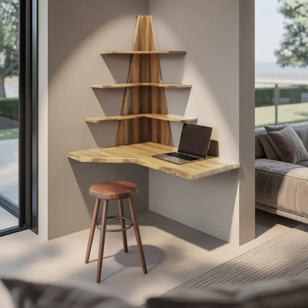 Modern Floating Corner Desk With Tree Shelves For Home Office And Apartment Kitchnce