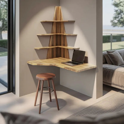 Modern Floating Corner Desk With Tree Shelves For Home Office And Apartment Kitchnce