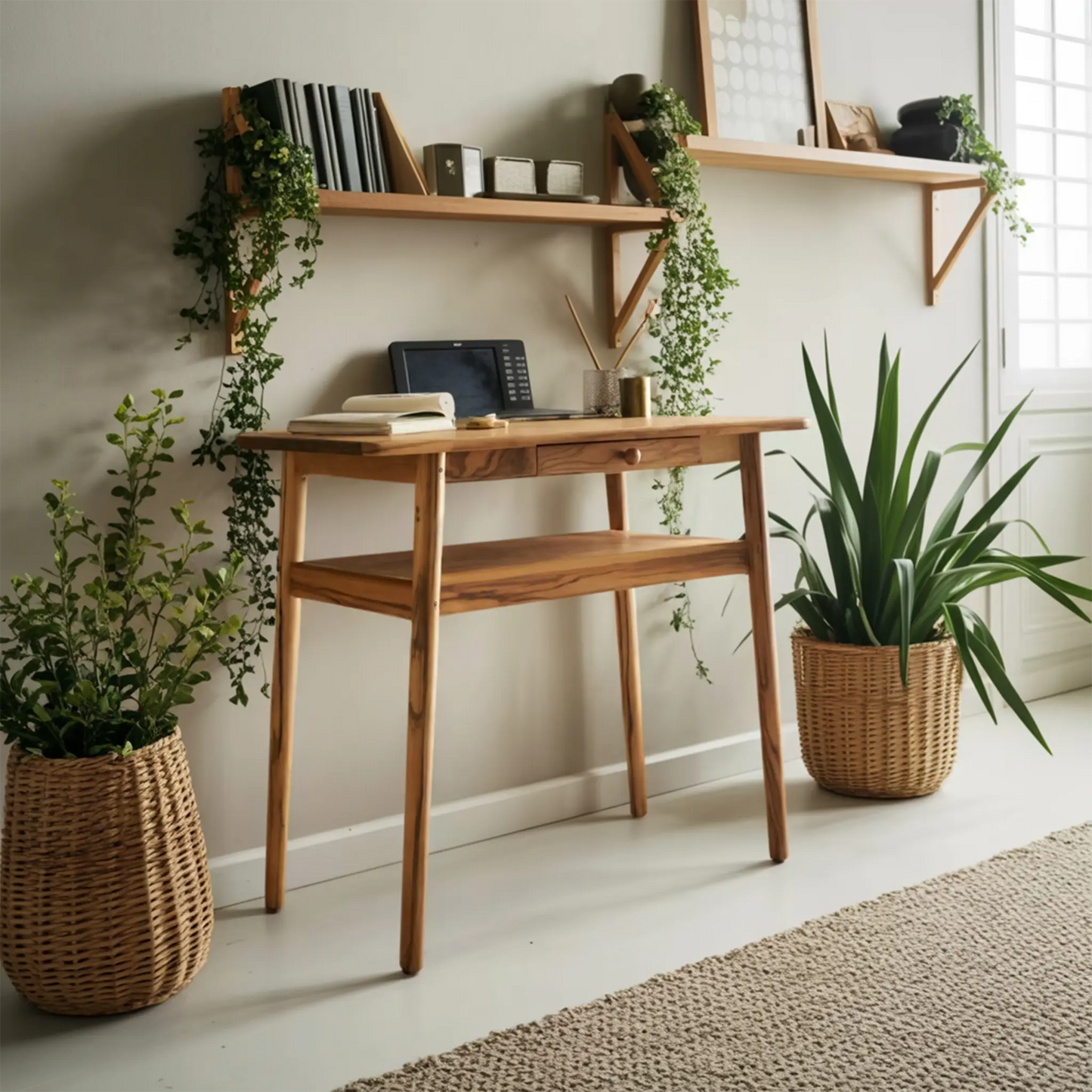 Modern Minimalist Wood Writing Desk With Drawer For Home Office Or Entryway Kitchnce