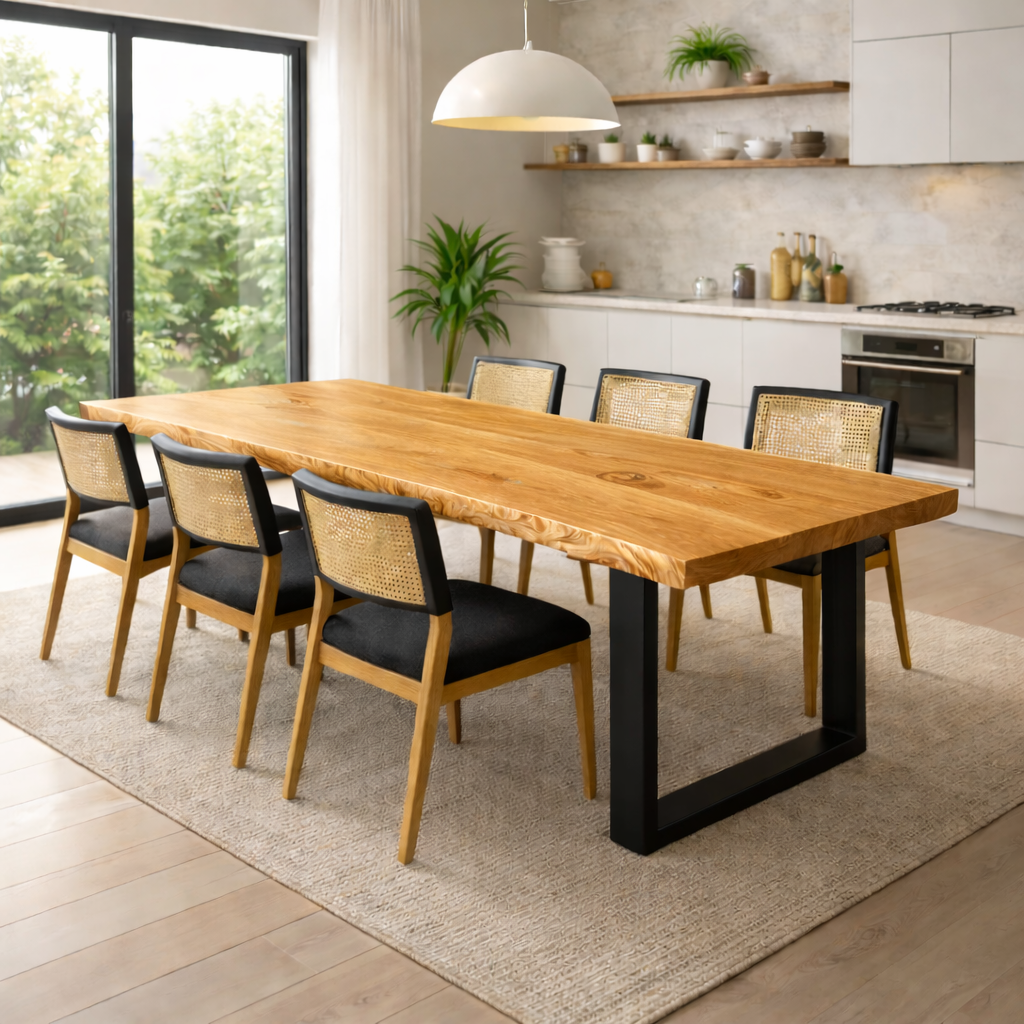 Handcrafted Solid Walnut Dining Table with U-Shaped Steel Base for Minimalist Homes