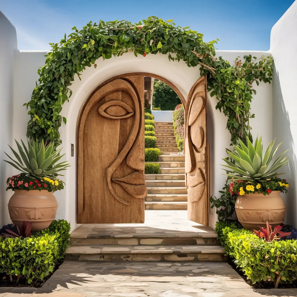 Artistic Face Carved Entry Door For Villa Entrance Kitchnce