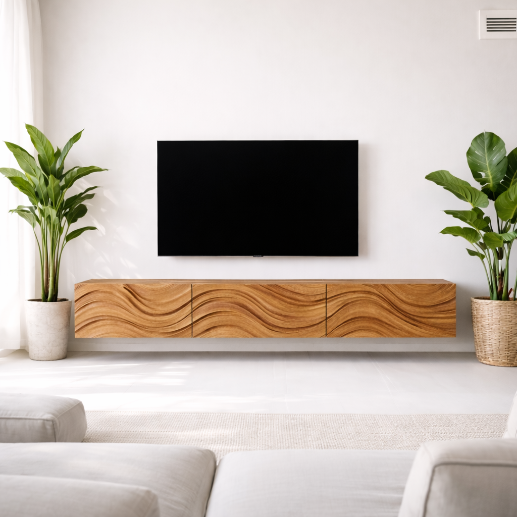Floating Solid Wood TV Stand with Carved Wave Front – Modern Walnut Media Console Kitchnce