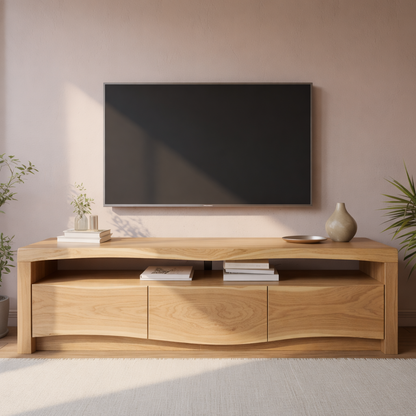 Modern Solid Wood TV Stand with Live Edge Top – Walnut Media Console Cabinet Kitchnce