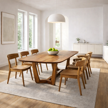 Solid Wood Rectangular Dining Table with Sculptural Base – Modern Rustic Wooden Dining Table Kitchnce