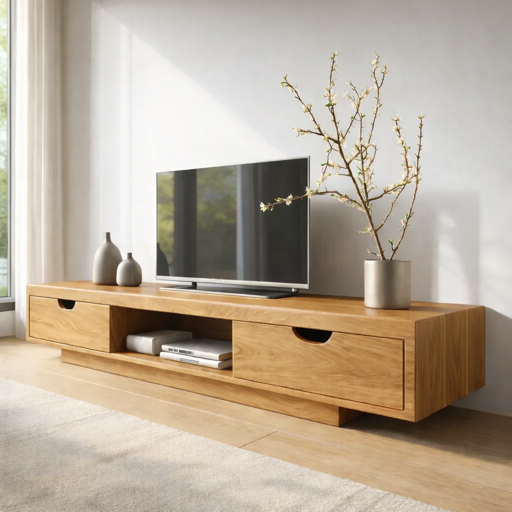Walnut Wood TV Stand with Drawers – Modern Solid Wood Media Console Cabinet Kitchnce