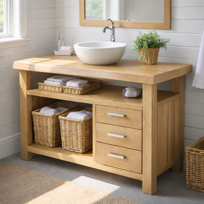 Handcraft Solid Wood Bathroom Vanity with Drawers and Open Shelf Storage Kitchnce