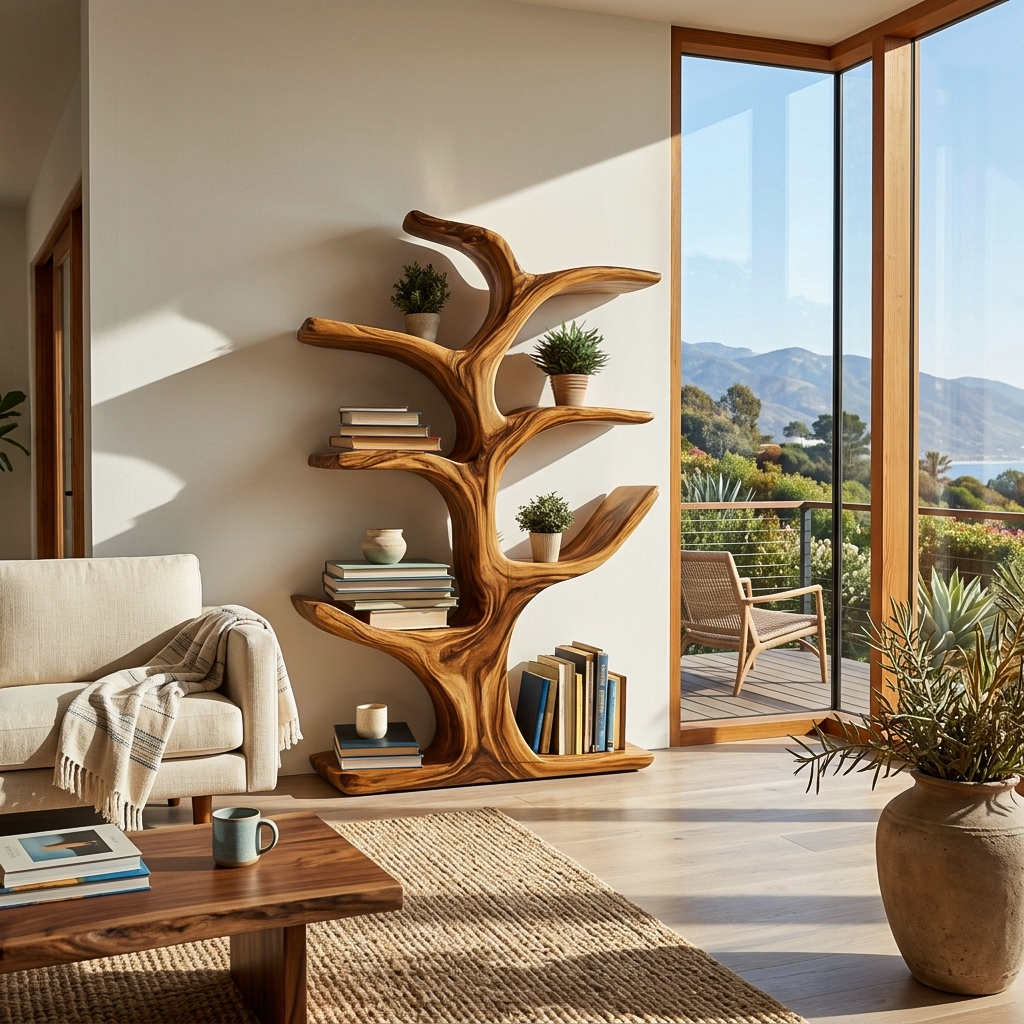 Modern Wood Bookshelf Sculptural Curved Design For Living Room Kitchnce