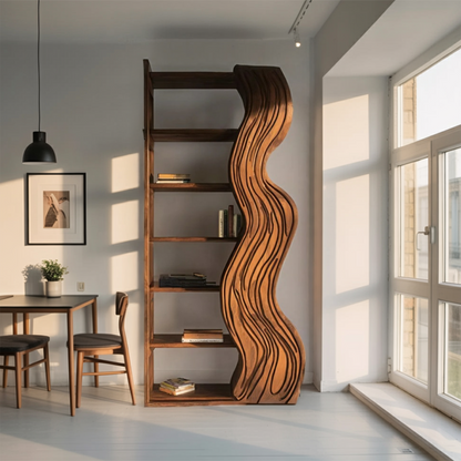 Modern Bookshelf With Wave Carved Side Panel For Office Kitchnce