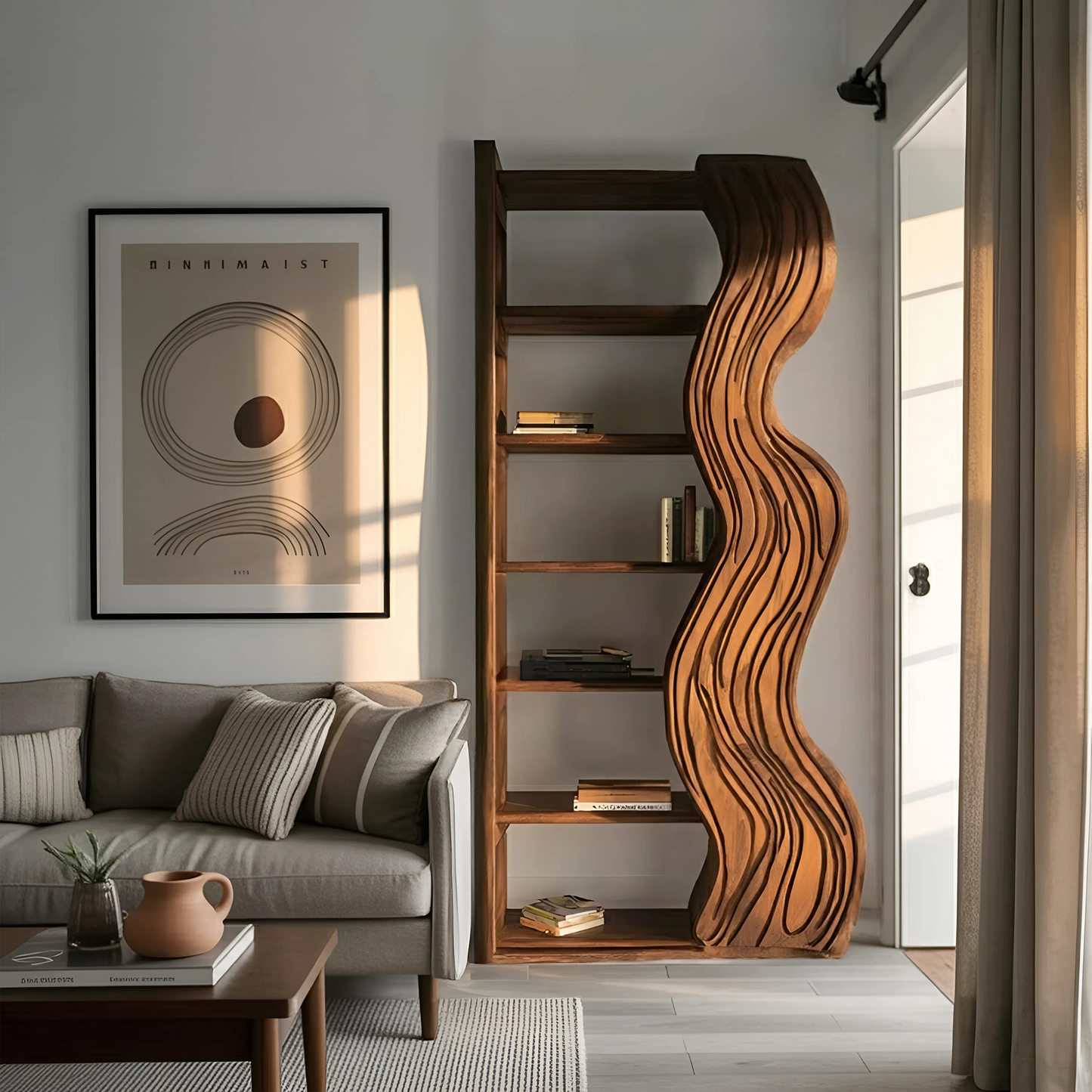 Modern Bookshelf With Wave Carved Side Panel For Office Kitchnce