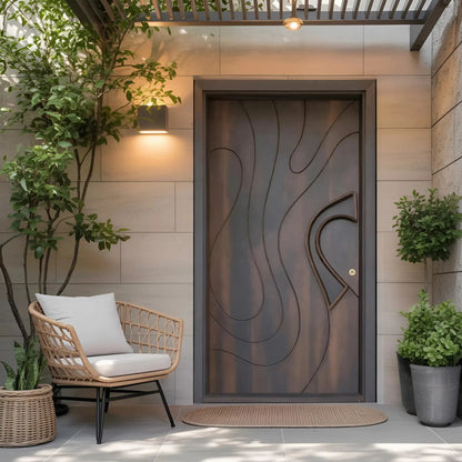 Modern Sculpted Door With Abstract Carving For Entryway And Contemporary Exterior Kitchnce