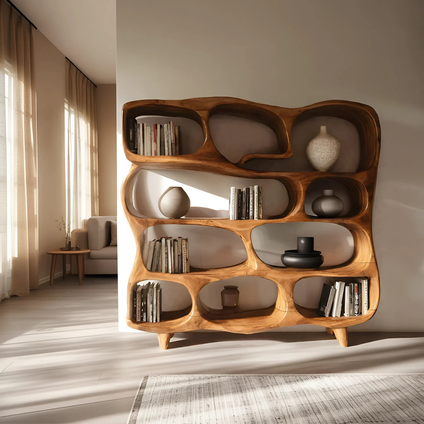 Modern Handcrafted Bookshelf With Curved Design For Living Room Kitchnce