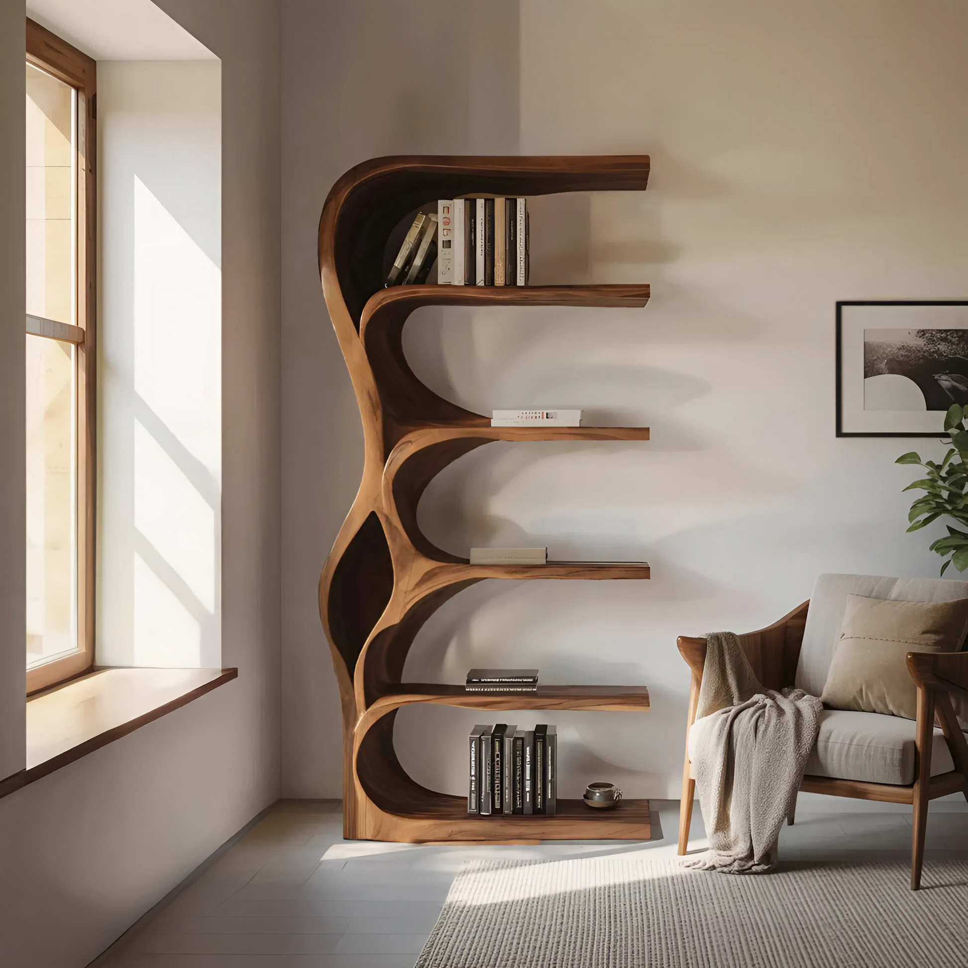 Organic Bookshelf With Curved Open Shelving For Bedroom Decor Kitchnce