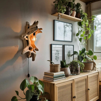 Driftwood Wall Lamp With Carved Form For Rustic Modern Living Room Kitchnce