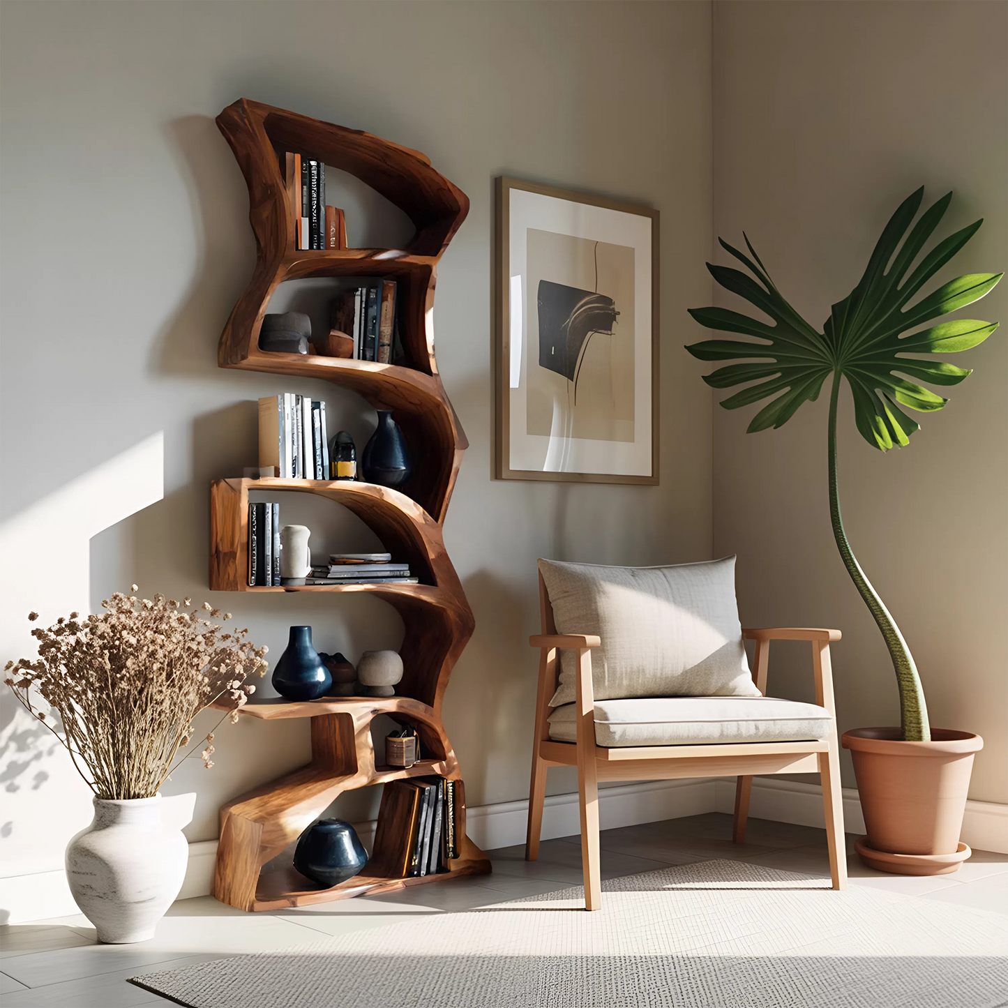 Modern Bookshelf With Curved Design For Study Kitchnce