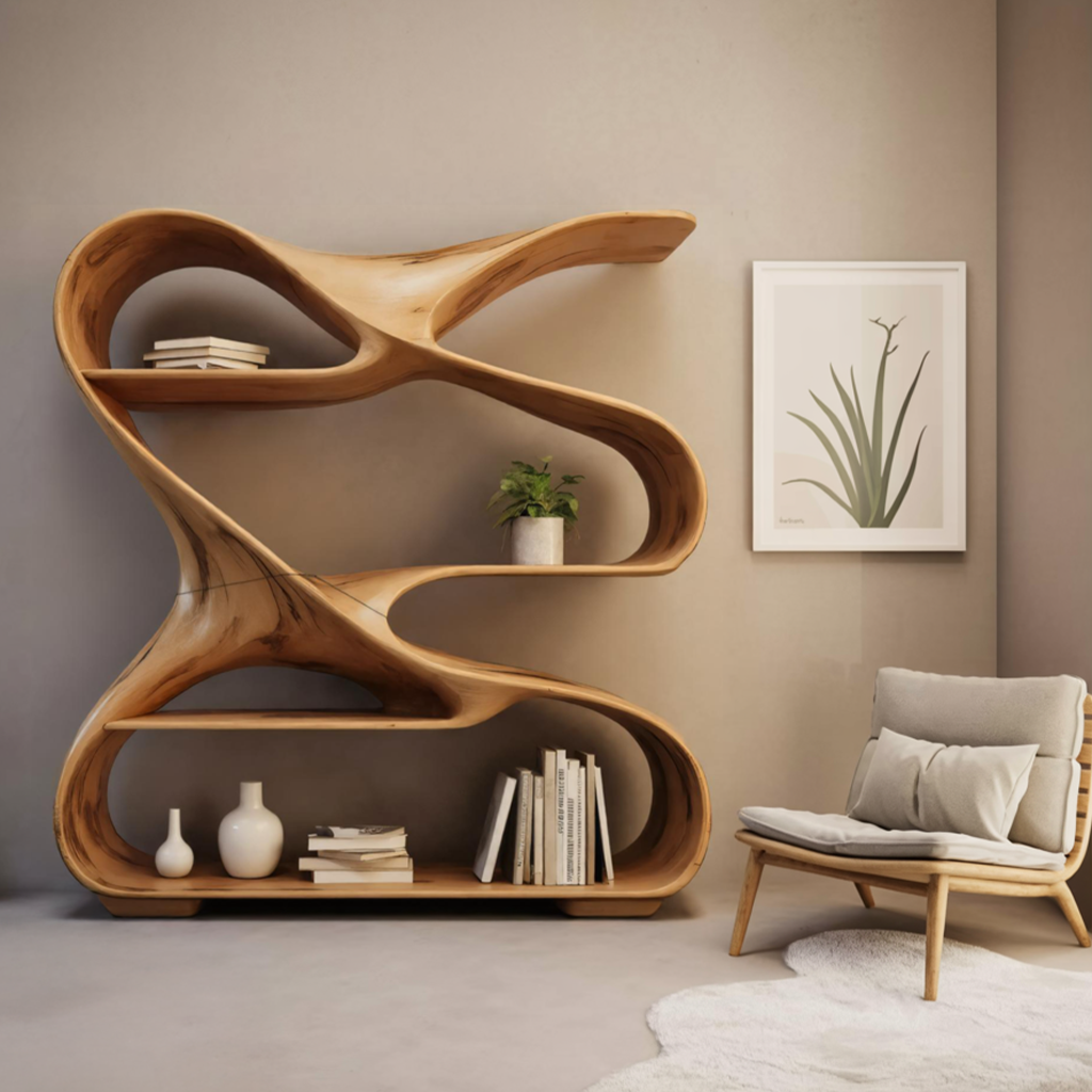 Modern Sculptural Wooden Bookshelf For Living Room Or Office Display Kitchnce