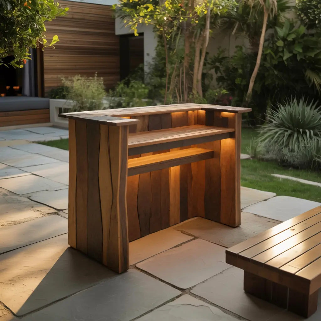 Rustic Live Edge Bar Counter With Lighting For Patio Kitchnce