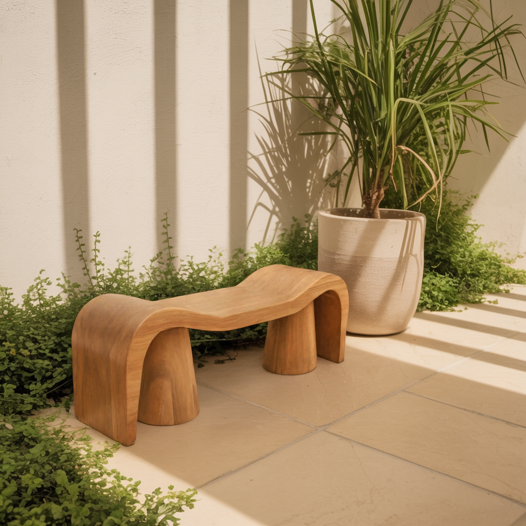 Contemporary Sculpted Wood Bench For Garden Or Patio Kitchnce