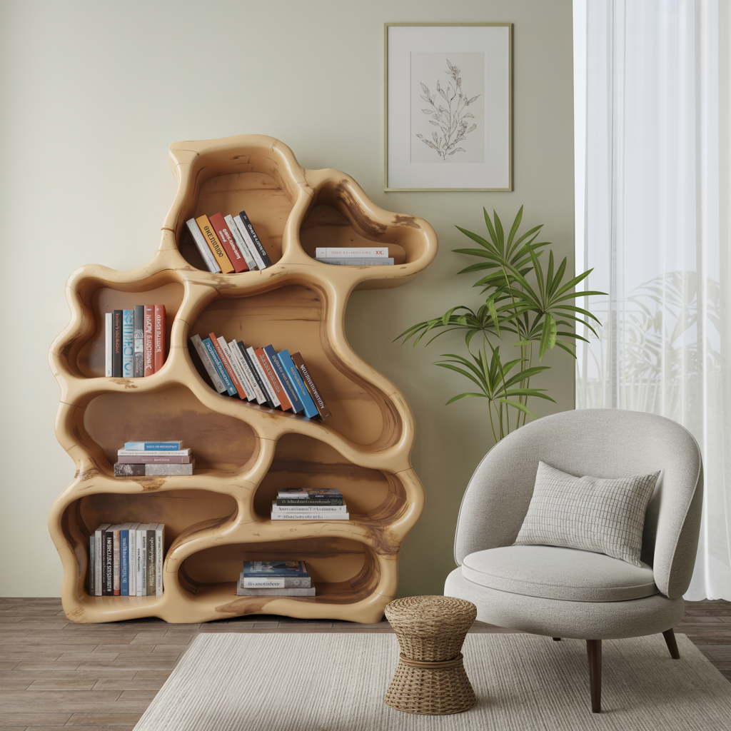 Organic Modern Bookshelf With Carved Design For Living Room And Home Library Kitchnce
