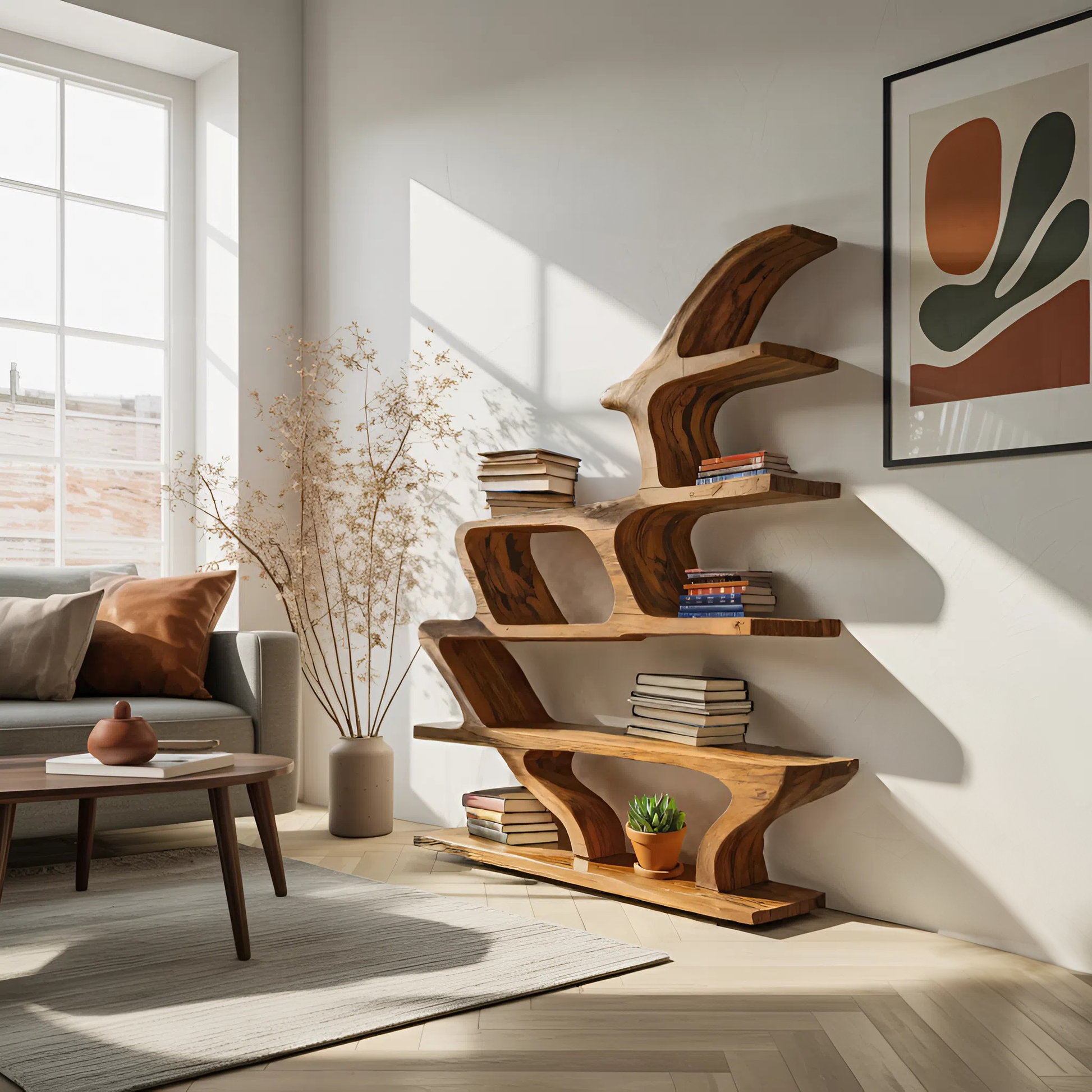 Modern Sculptural Bookshelf With Fluid Shelving For Living Room Kitchnce